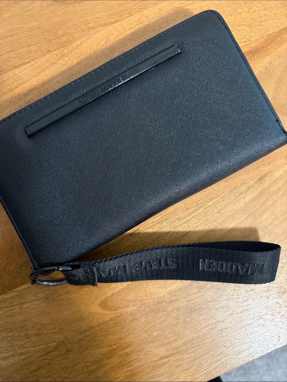 Steve Madden Black Zip-Around Wristlet Wallet with Branded Strap